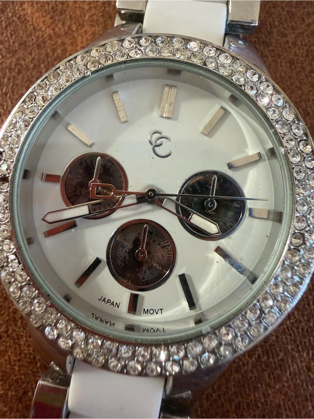 Women's White Ceramic Link Watch - Silver-Tone Crystal Rhinestone Bezel - Japan